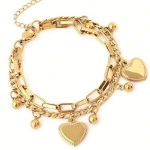 Gold Heart Charm Layered Chain Bracelet